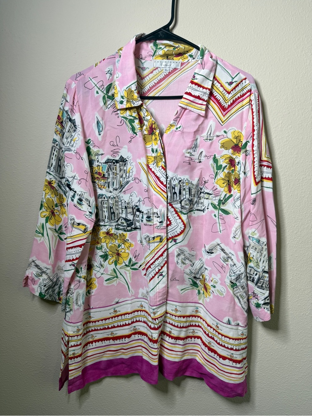 Women’s Pink Printed Button-Down Shirt with Floral & Scenic Motif